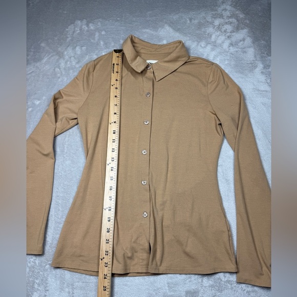 Open Edit Stretch Knit Tan Cartouche Long Sleeve Collared Button Up Blouse S - Picture 9 of 16